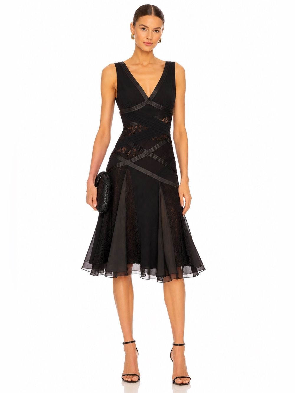 Karen Millen Black Sleeveless V-Neck Lace-Panel Cocktail Dress